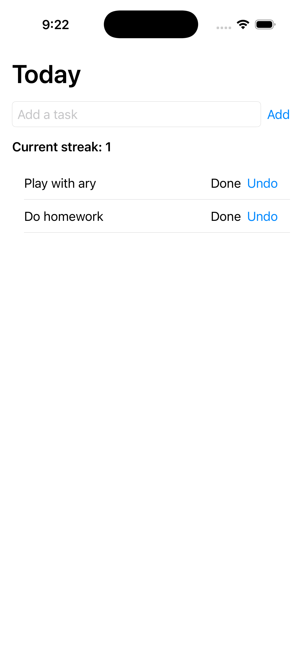 Nudgy iPhone screenshot showing Today view with task buckets and streak summary.
